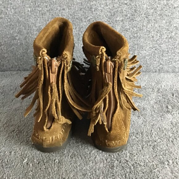 Minnetonka Suede Moccasins Sz 7 Brown Fringe Ankle Back Zip - Picture 5 of 8
